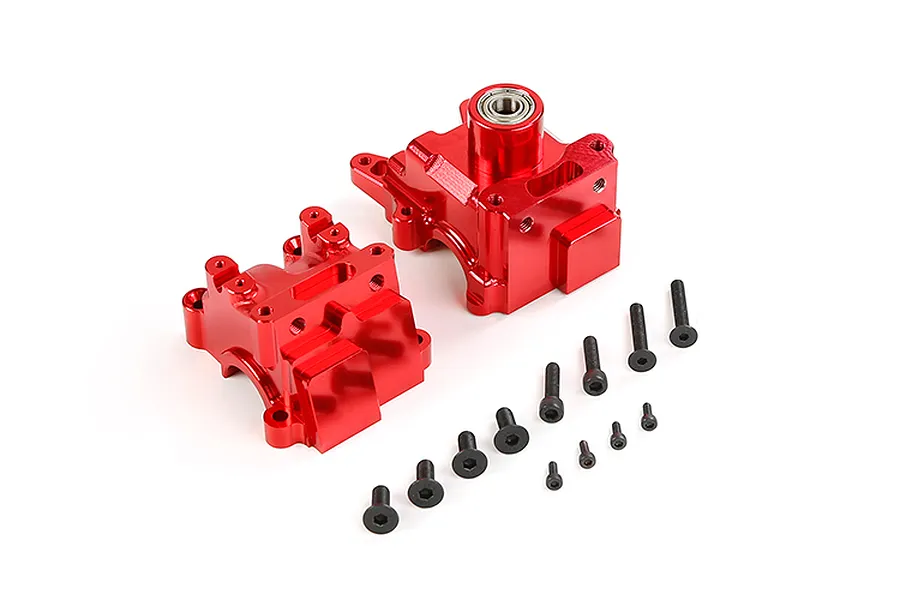A red anodized aluminium gearbox case set for an RC car, including two main housing halves and a collection of black mounting screws on a white background.