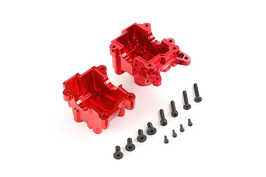 A red anodised aluminium RC gearbox case set with included black mounting screws on a white background.