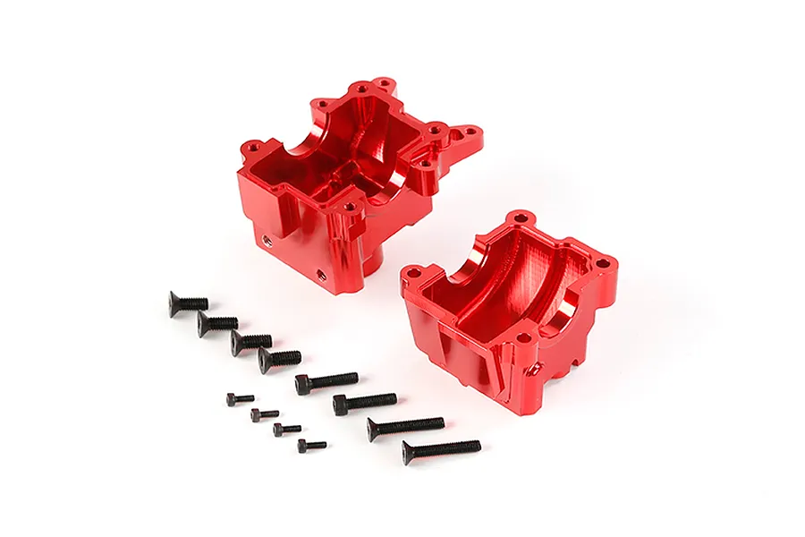A red anodised aluminium RC gearbox case split into two halves with a set of black mounting screws on a white background.