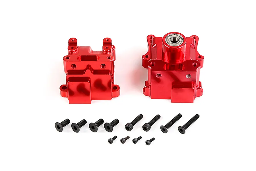 A pair of red anodized aluminium gearbox case halves for an RC car, accompanied by a set of black mounting screws on a white background.