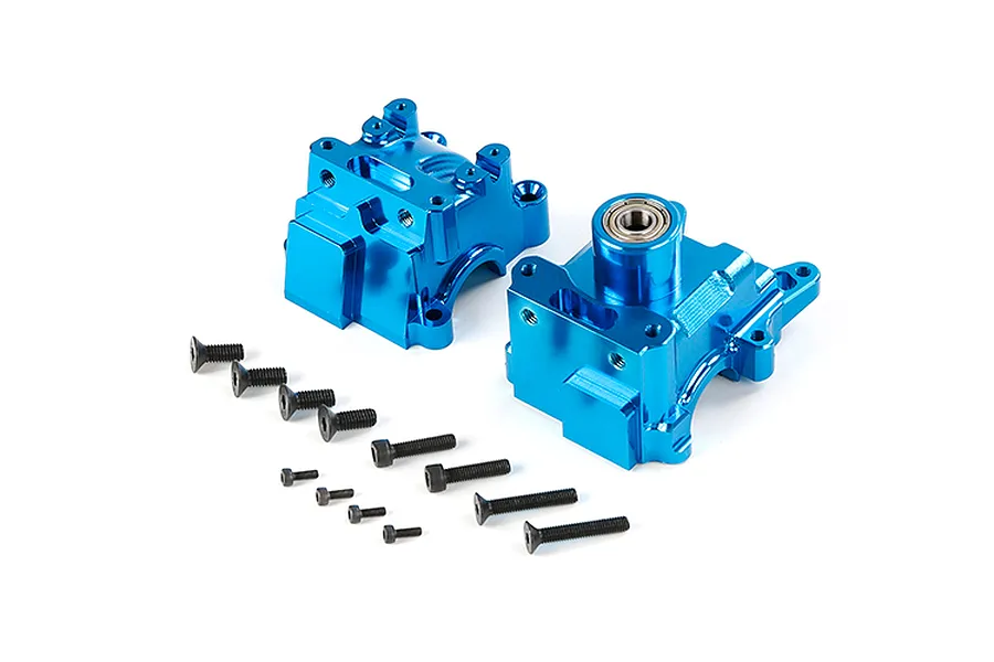 A pair of blue anodized aluminium RC gearbox case halves with a set of assorted black metal screws on a white background.