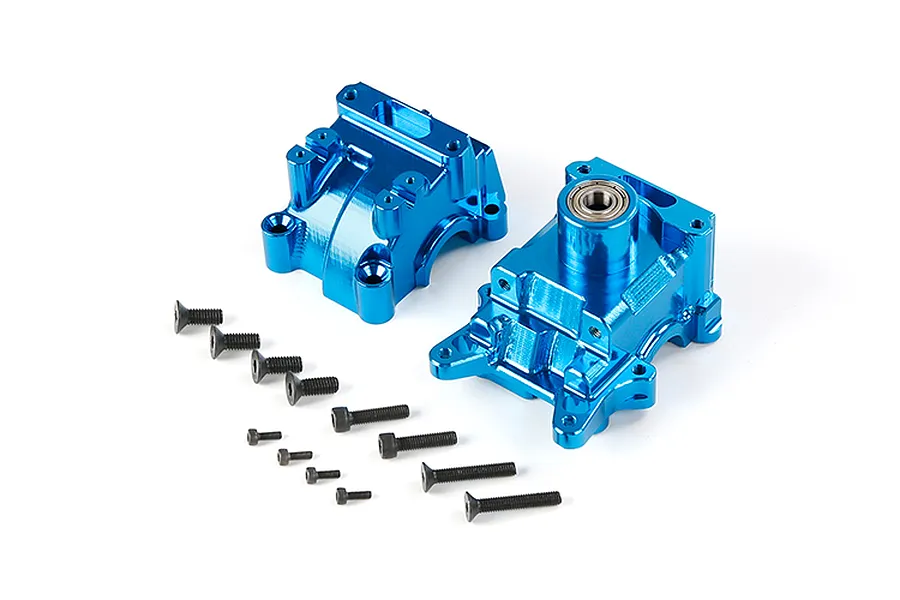A pair of blue anodized aluminium RC gearbox case halves with a set of various black metal screws on a white background.