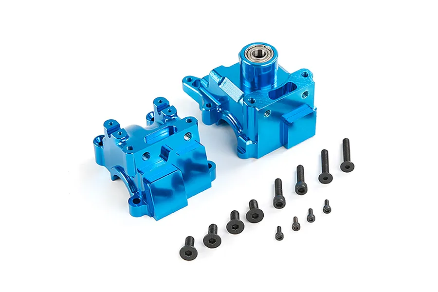 Two blue anodized aluminium RC gearbox case halves with a set of black mounting screws on a white background.