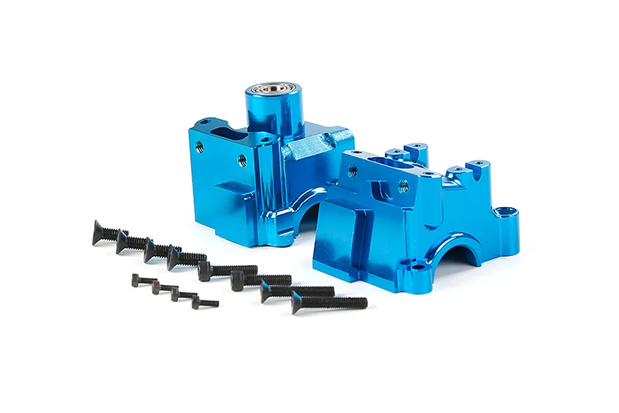 A pair of blue anodized aluminium RC gearbox case halves with a set of black mounting screws on a white background.