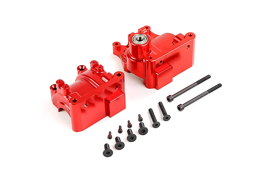 A pair of red anodized aluminium RC gearbox case halves with a set of black metal screws and bolts on a white background.