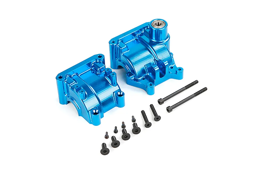 A pair of blue anodized aluminium RC gearbox case halves with a set of included black mounting screws on a white background.
