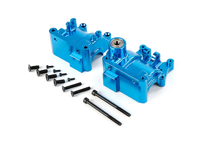 A pair of bright blue anodized aluminium RC gearbox case halves with a set of black steel mounting screws on a white background.