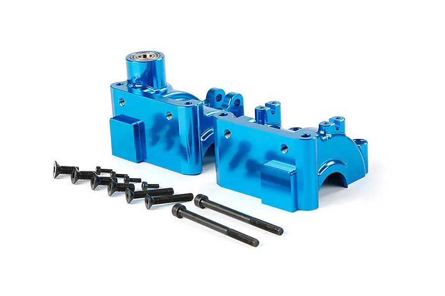 A blue anodized aluminium RC gearbox case set with included black metal screws on a white background.