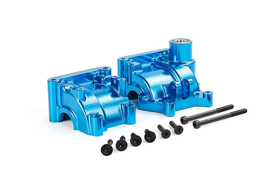A blue anodized aluminium RC gearbox case set with included mounting screws on a white background.