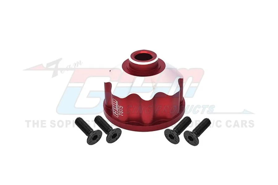 A red anodized aluminium differential case for an RC car, accompanied by four black hex screws, displayed against a white background with a faint GPM logo.