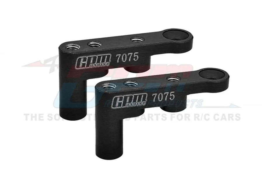 Two black GPM Racing aluminium servo mounts with 7075 laser-etched on the side, isolated on a white background.