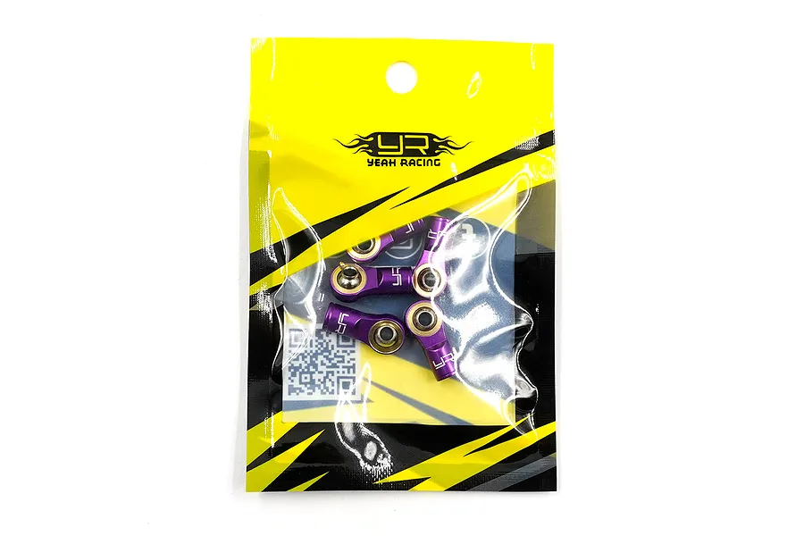 Five purple Yeah Racing aluminium M3 rod ends in a sealed yellow and black retail plastic bag.