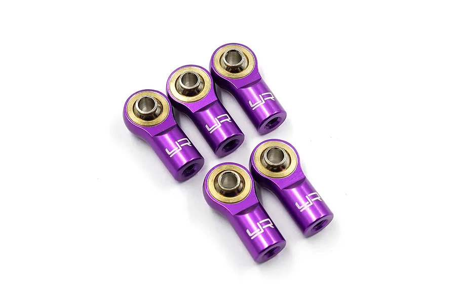 Five purple anodized aluminium M3 rod ends with brass ball joints, arranged on a white background.