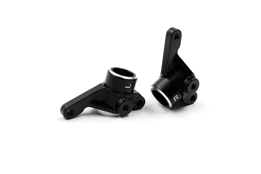 Two black anodized aluminium RC car steering knuckles marked with L and R, shown against a white background.