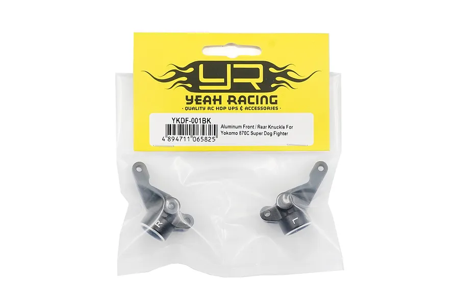 Two black aluminium RC knuckles in a Yeah Racing branded yellow and white plastic retail bag.