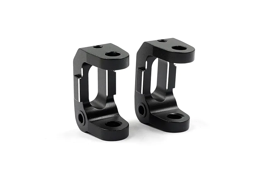 Two black aluminium front hub carriers for RC cars, shown from a side angle against a white background.