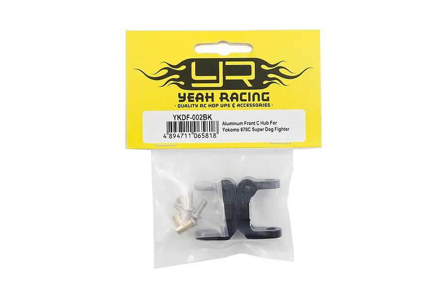 Yeah Racing YKDF-002BK black aluminium front C-hubs for Yokomo 870C Super Dog Fighter in retail packaging.
