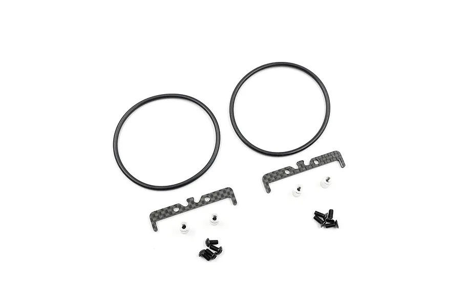 Yeah Racing carbon fibre battery holder set including two carbon plates, two rubber O-rings, four metal spacers, and eight small black screws on a white background.