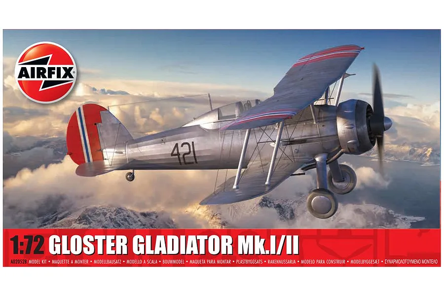 Airfix 1/72 scale Gloster Gladiator Mk.I/II model kit box art showing a silver biplane flying over snowy mountains.