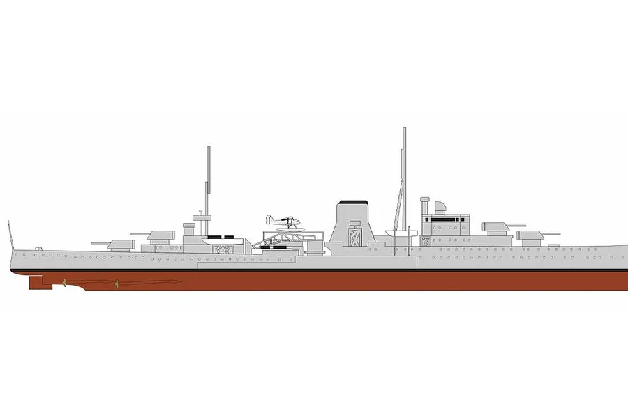 A side-profile digital illustration of the HMS Ajax light cruiser, showing its hull, deck structures, and a small seaplane on a catapult.