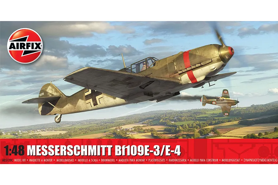 Airfix 1/48 scale Messerschmitt Bf109E-3/E-4 plastic model kit box art showing a fighter plane in flight over a landscape.