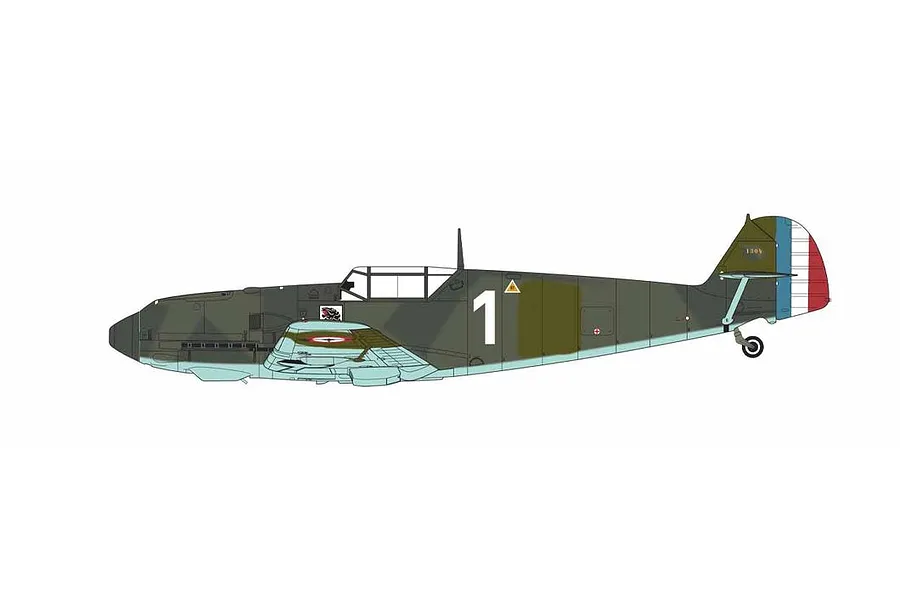 A digital side-profile illustration of a Messerschmitt Bf 109 fighter aircraft in a camouflage paint scheme with the number 1 on the fuselage.