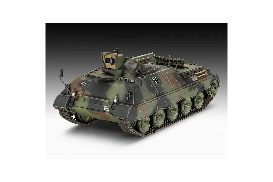 A fully assembled and painted 1/35 scale model of a German Raketenjagdpanzer Jaguar 1 tank destroyer with camouflage paint.