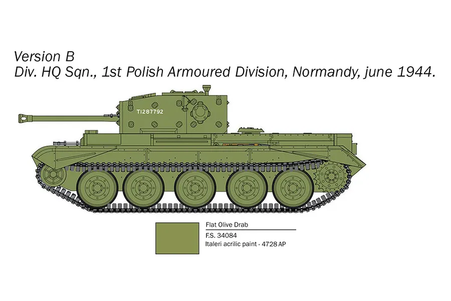 A digital side-profile illustration of a Cromwell Mk.IV tank in olive drab, showing markings for the 1st Polish Armoured Division in Normandy, 1944.
