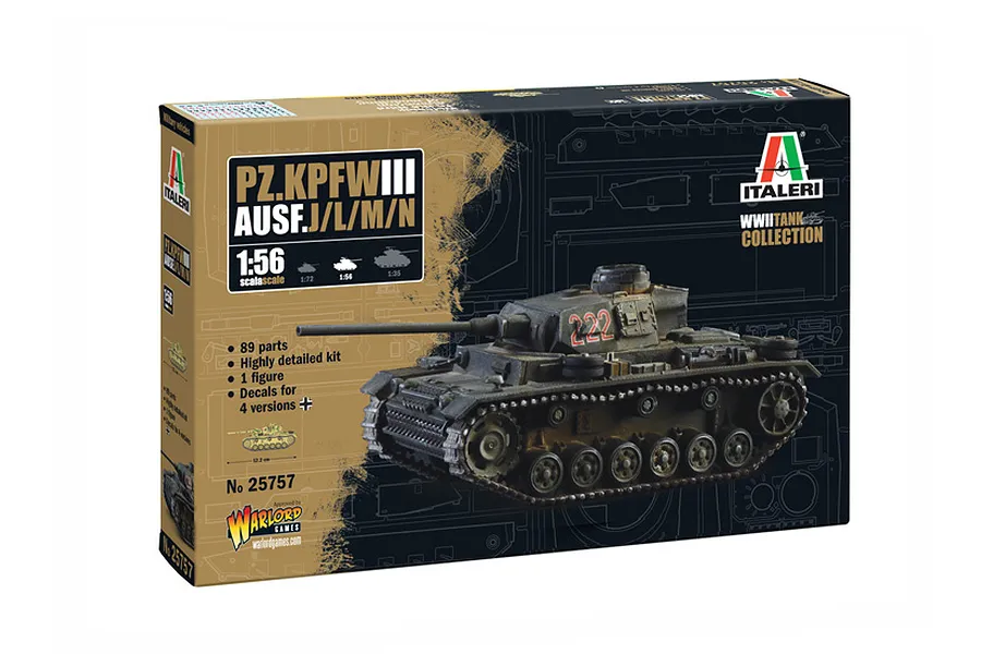 Italeri 1/56 scale Pz.Kpfw. III Ausf. J/L/M/N tank plastic model kit box showing a finished model tank with number 222.