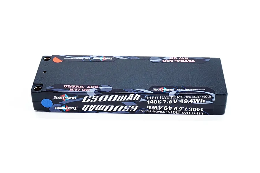 Team Powers 6500mAh 7.6V 140C LiPo battery in a black hard case, viewed from an angle against a white background.