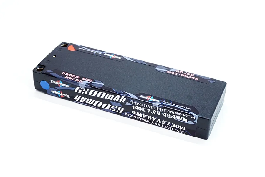 Team Powers 6500mAh 7.6V 140C LiPo hard case battery for RC vehicles on a white background.
