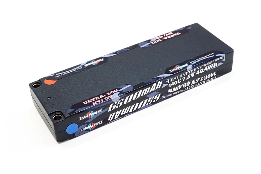 Team Powers 7.6V 6500mAh 140C hard case LiPo battery for RC vehicles, shown from an angled top-down perspective.