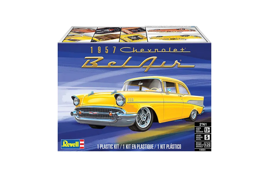 Revell 1/25 scale 1957 Chevrolet Bel Air plastic model kit box art showing a yellow classic car.