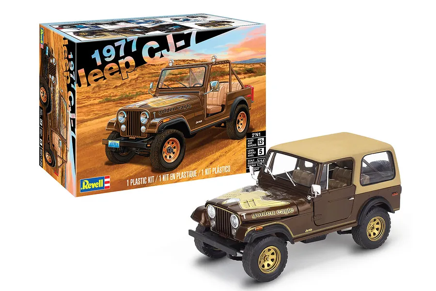 A Revell 1/24 scale 1977 Jeep CJ-7 plastic model kit box and a fully assembled brown and tan model Jeep.