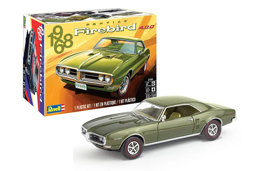 A Revell 1/25 scale 1968 Pontiac Firebird model kit box displayed next to a fully assembled and painted olive green model car.