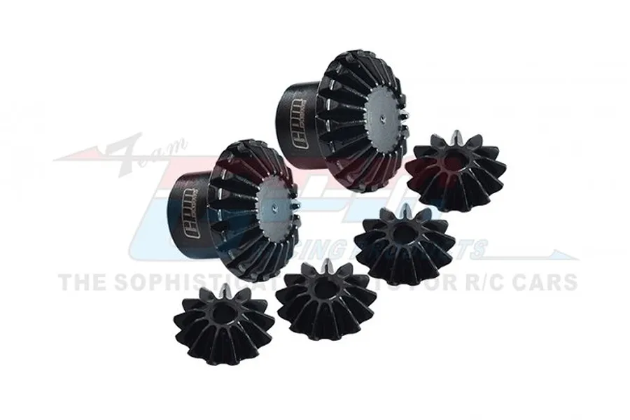 A set of black carbon steel differential gears for an RC car, including two large bevel gears and four smaller pinion gears, displayed against a white background.