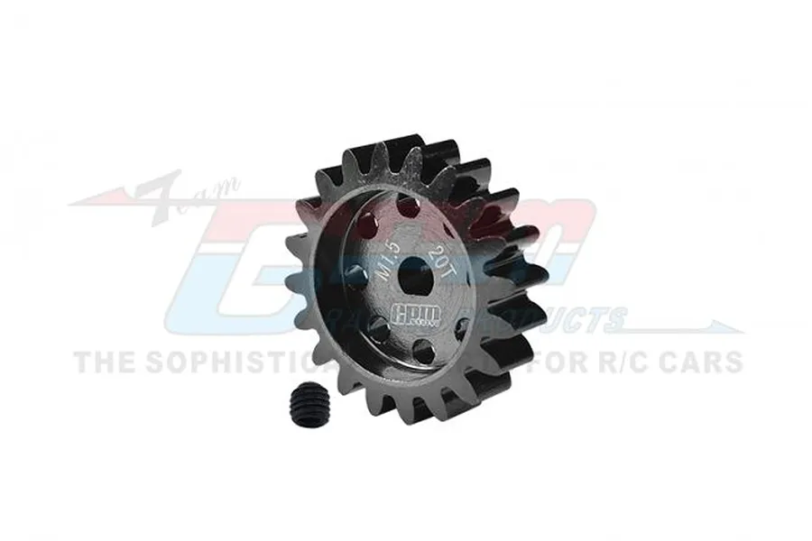 A black 20-tooth pinion gear with 1.5 module pitch and a small grub screw, featuring GPM branding on a white background.
