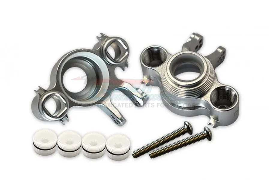 A pair of silver GPM Racing aluminium steering knuckles with four white plastic inserts and two metal screws on a white background.