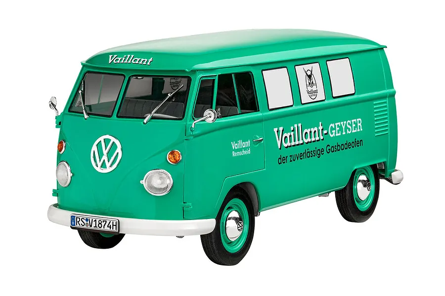 A 1/24 scale model of a green Volkswagen T1 Bus with Vaillant branding, featuring white bumpers and wheels, isolated on a white background.