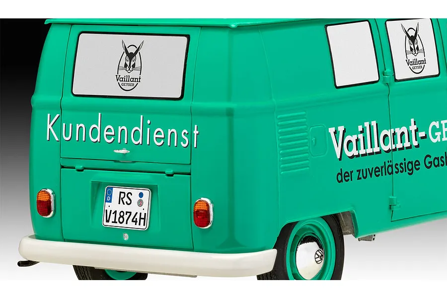 Rear view of a teal Revell 1/24 scale VW T1 Bus model with Vaillant branding and German license plate.