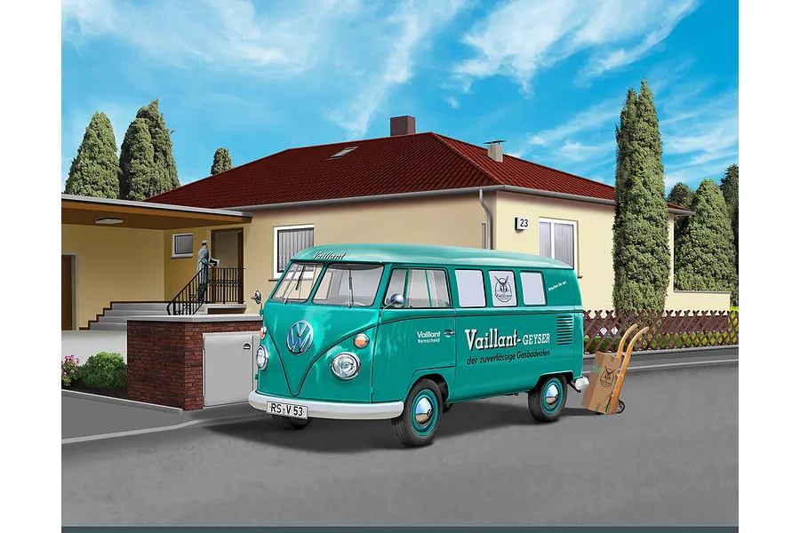 A teal-colored VW T1 bus model with Vaillant branding parked in front of a suburban house with a hand truck and box nearby.