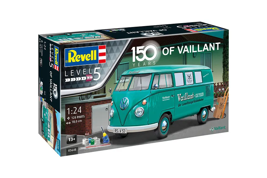 Revell 1/24 scale VW T1 Bus 150 years of Vaillant plastic model kit box showing the finished teal van model.