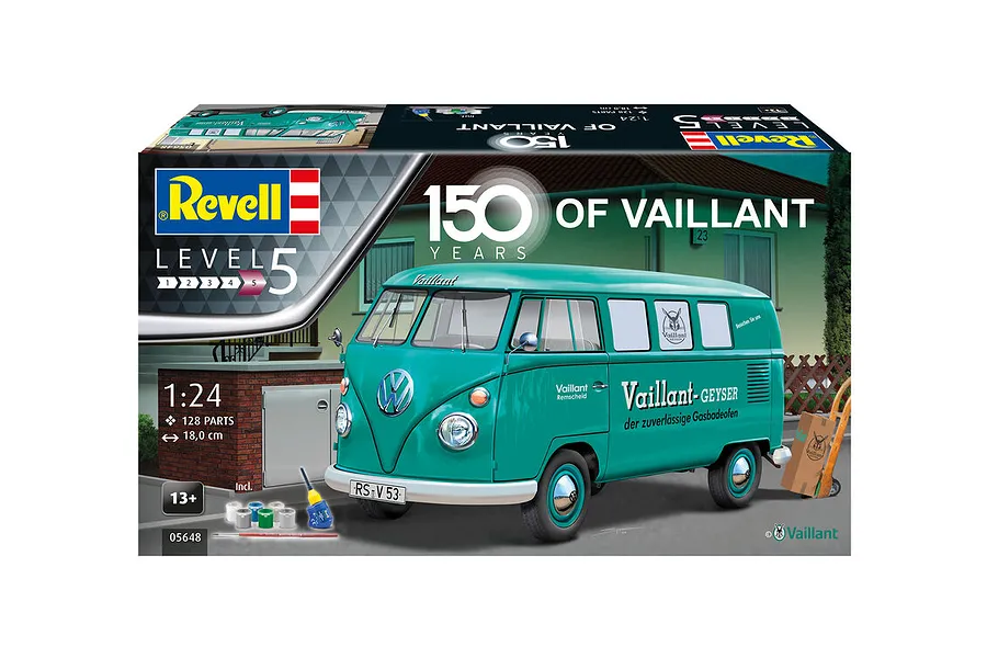 Revell 1/24 scale VW T1 Bus 150 Years of Vaillant plastic model kit box showing a teal vintage van with Vaillant branding.