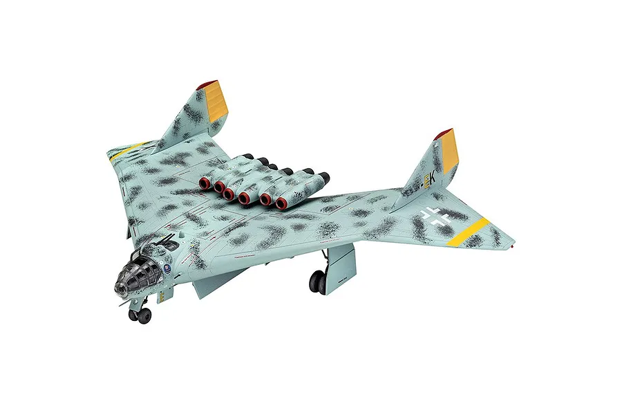 A fully assembled and painted 1/72 scale model of the Arado Ar E.555 bomber, featuring a light blue camouflage pattern with black spots and yellow wingtips.