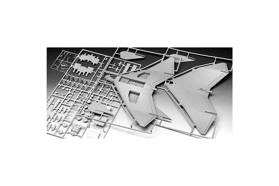 Grey plastic model kit sprues for an Arado Ar E.555 bomber, showing large wing sections and various small aircraft components on a white background.