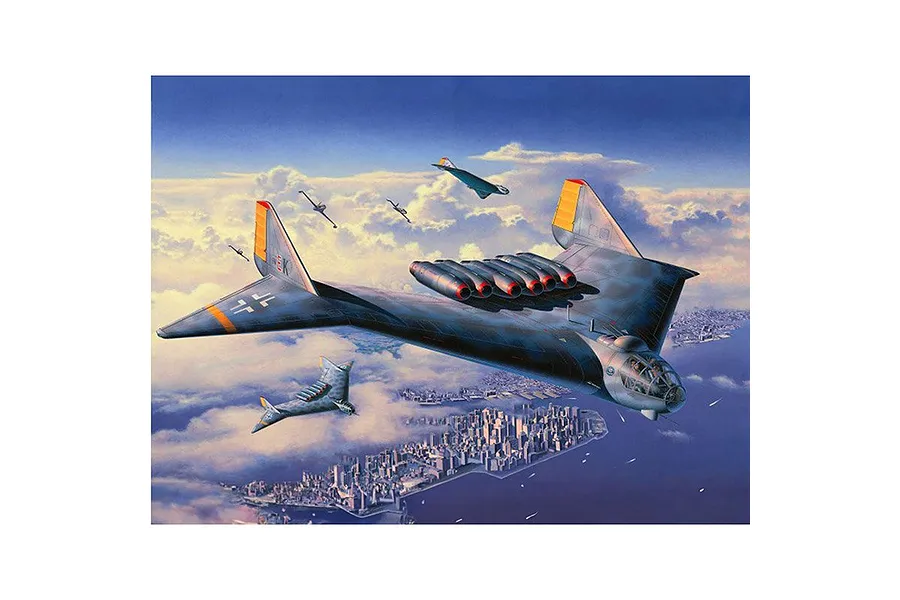 Box art illustration of an Arado Ar E.555 bomber flying over a city with other aircraft in the sky.