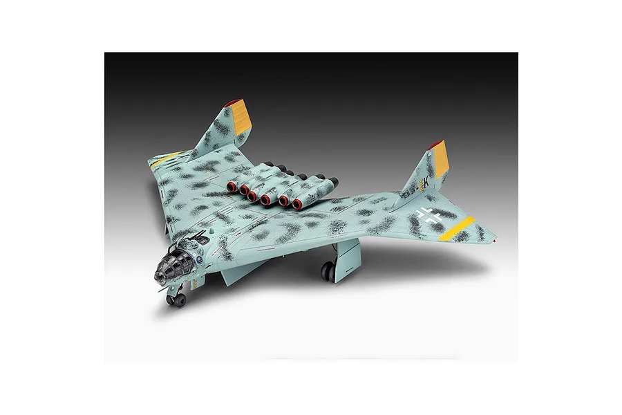 A completed 1/72 scale plastic model of the Arado Ar E.555 bomber, featuring a light blue camouflage pattern with black spots and yellow wing tips.