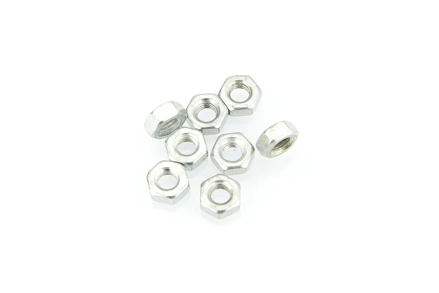 A cluster of eight small silver-coloured metal hex nuts arranged on a white background.
