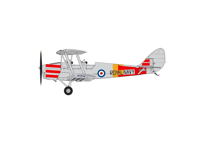 A side-profile digital illustration of a De Havilland Tiger Moth biplane in Royal Navy livery with red, white, and yellow markings.