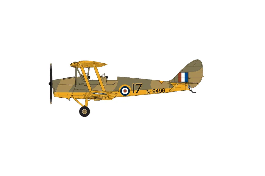 A digital side-profile illustration of a De Havilland Tiger Moth biplane in a tan and yellow military livery with the number 17 and N-9496 markings.